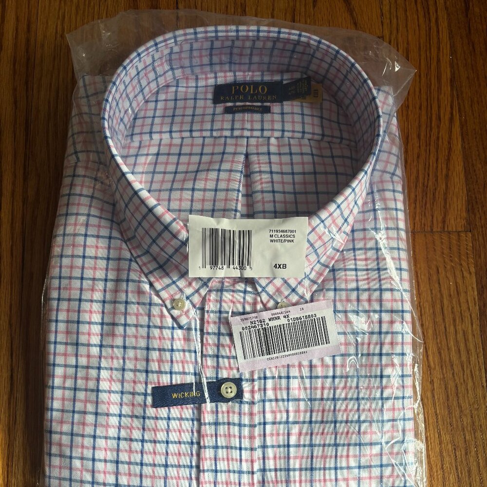 NWT Ralph Lauren Polo Button Down Shirt, 4XB, Blue and Pink, Performance